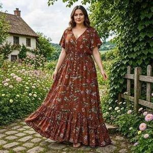 RusttyDustty Rust Brown Floral Maxi Dress NWT 4XL Boho Plus Size Fall Hippie